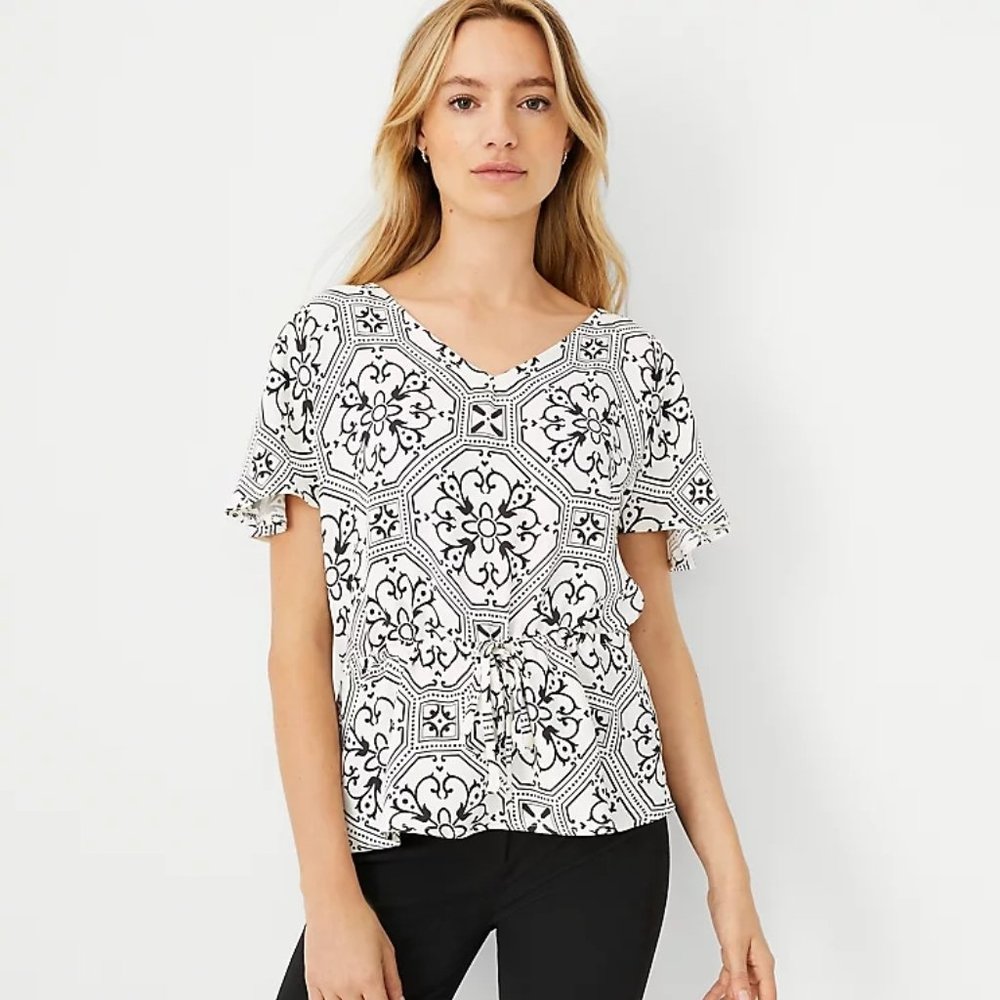 Ann Taylor Tile Print Mixed Media Drop Shoulder Tie Wasit Top Back